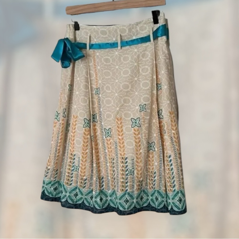 Mint Green Boho Eyelet A-Line Pleated Midi Skirt Teal Yellow Small